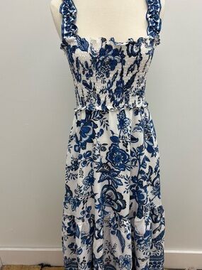 THML White and Blue Floral Smocked Maxi Dress
